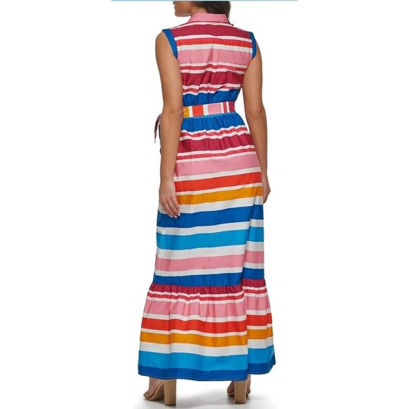 Kensie Striped Sleeveless Ruffle Hem Colorful Collared Maxi Dress Size 2 NEW - Picture 3 of 13